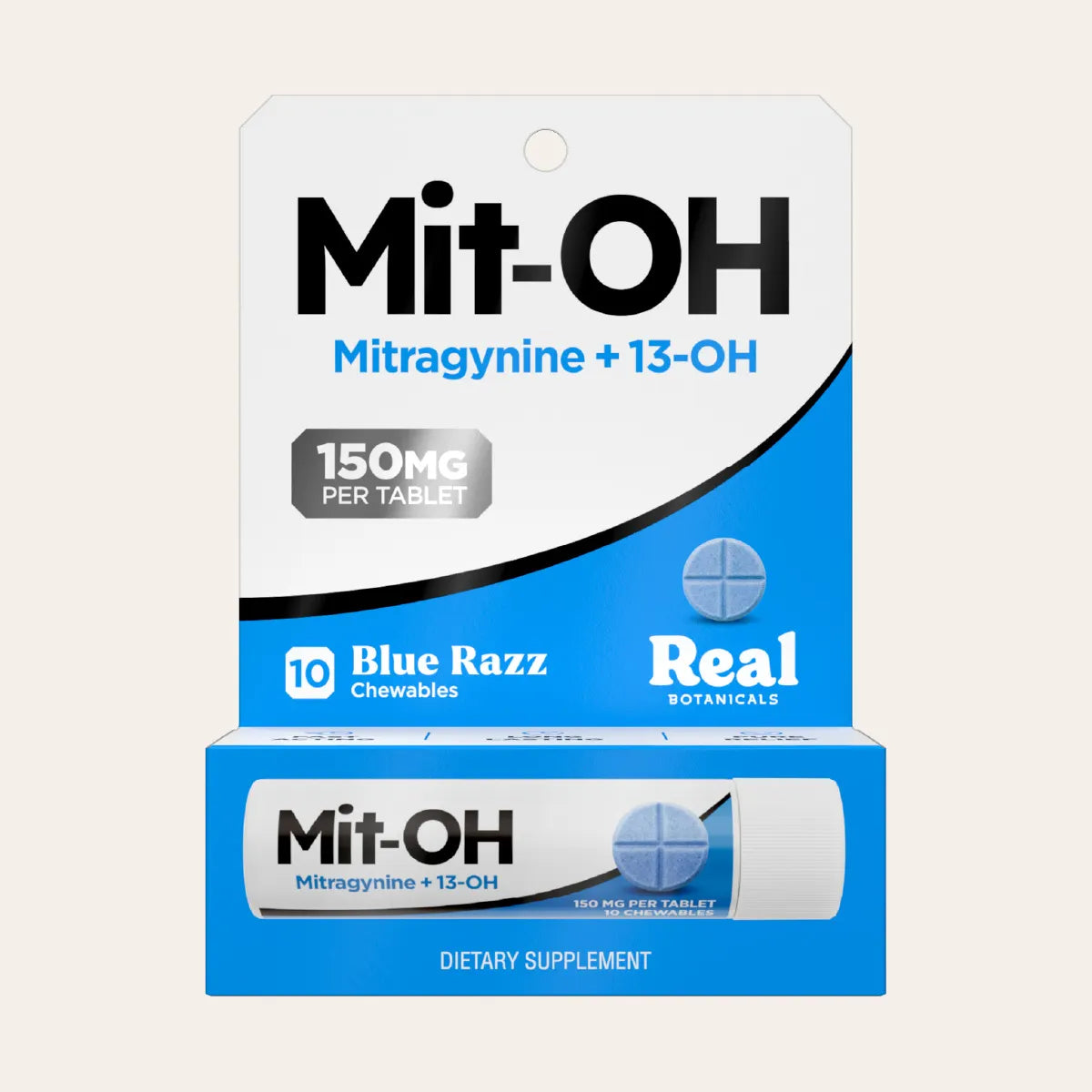 Mit-OH Blue Razz chewables packaging showing a tube of dietary supplement on a light beige background. The packaging is white and blue with black and blue text, and a single blue round chewable is pictured.