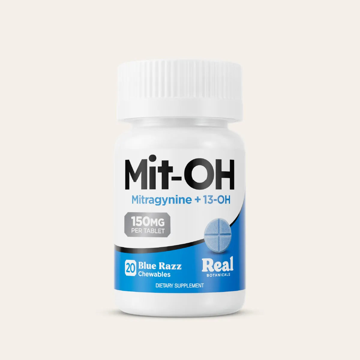 A white bottle of Mit-OH dietary supplement chewables, featuring a blue and white label with '150MG PER TABLET' and 'Blue Razz Chewables' by Real Pharmacies, set against a solid off-white background.