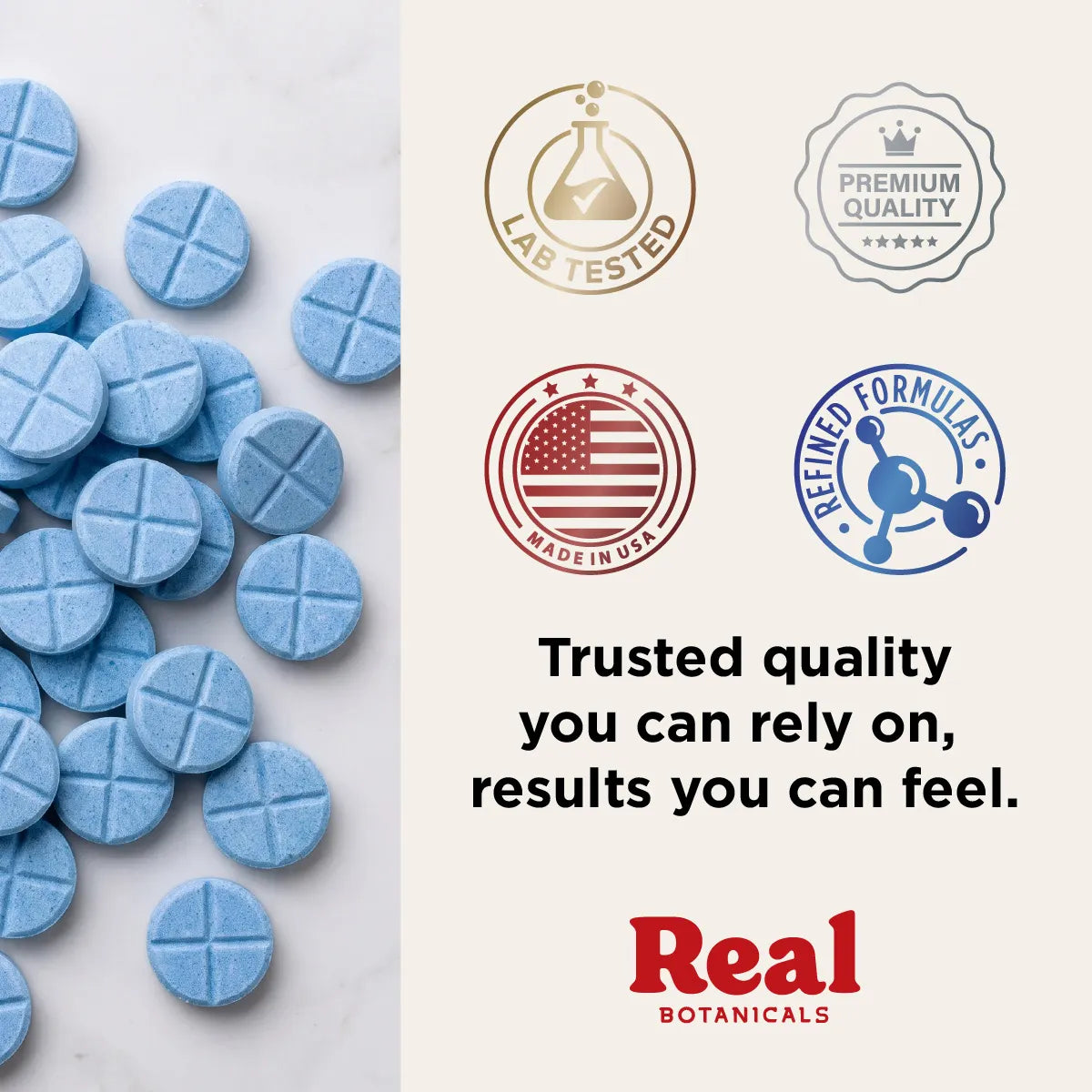 Blue round tablets scattered on a light surface beside a cream panel with quality badges, the text 'Trusted quality you can rely on, results you can feel,' and the Real Botanicals logo.