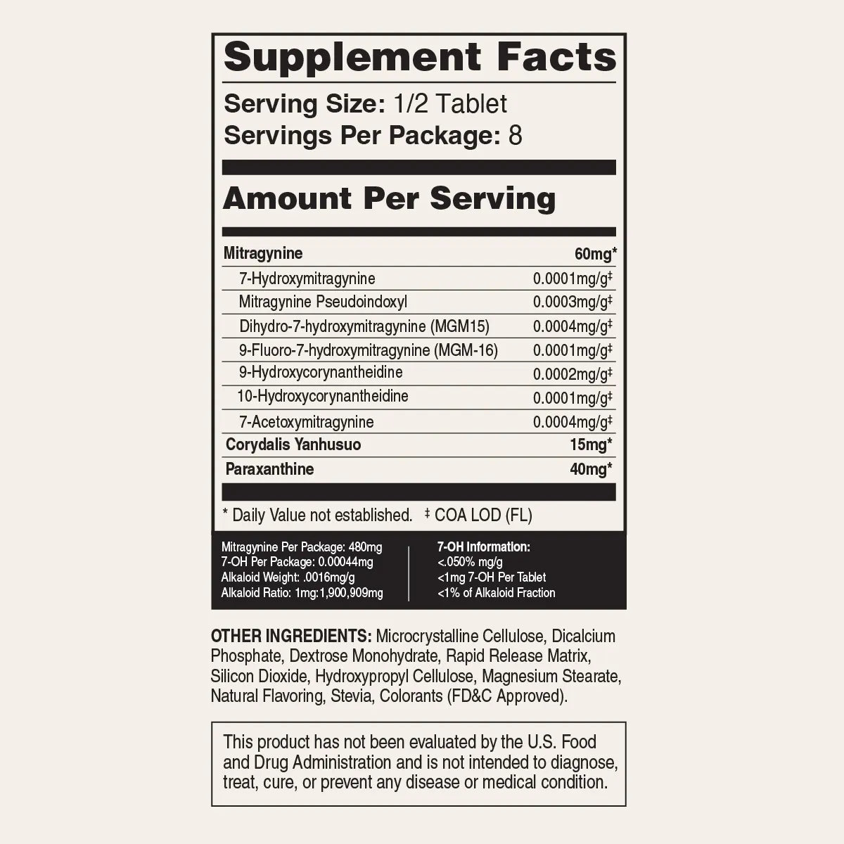 A supplement facts label showing a supplement called 'Other Ingredients' with ingredients listed in a table format, including Miraglinide, Cordyceps Sinensis, and Paraxanthine, along with a disclaimer at the bottom.