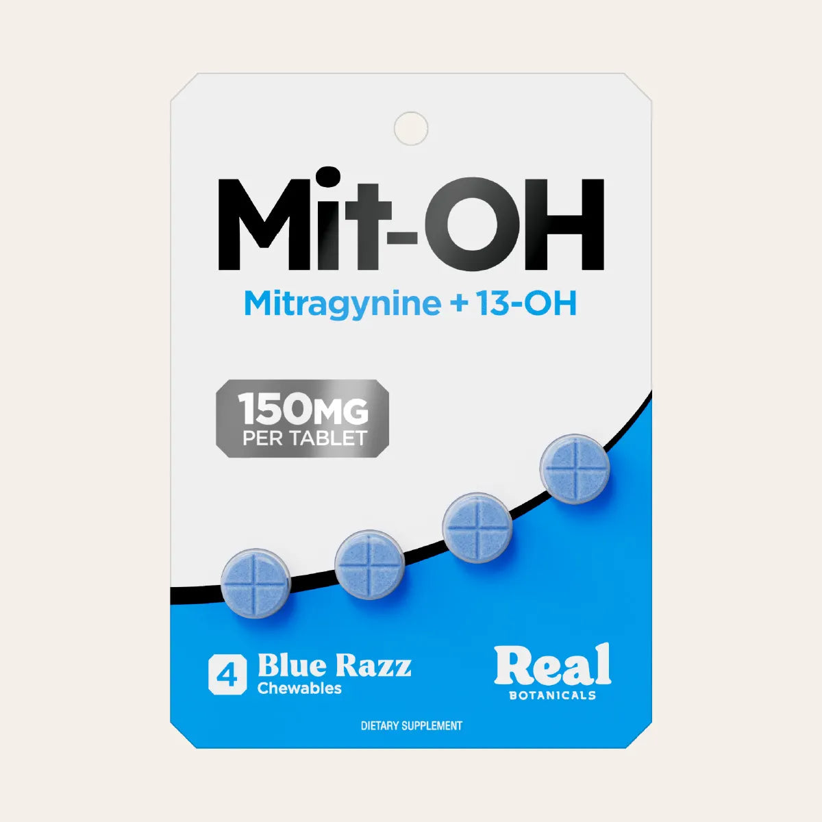 A package of 4 Mit-OH Blue Razz chewables by Real Botanicals, featuring a white and blue card with product details and illustrations of the blue round chewables.