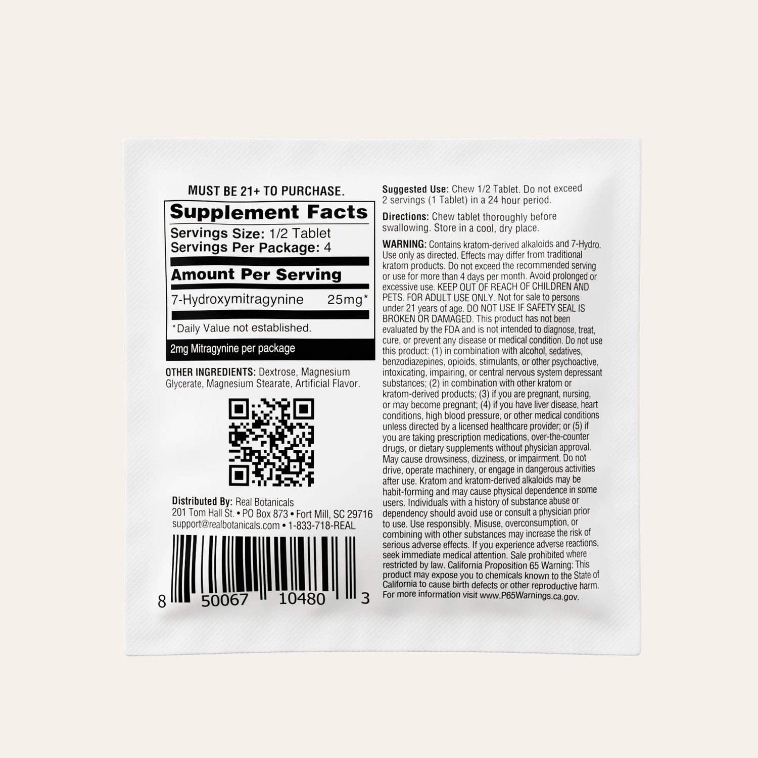 Supplement label with text and a QR code on a white background