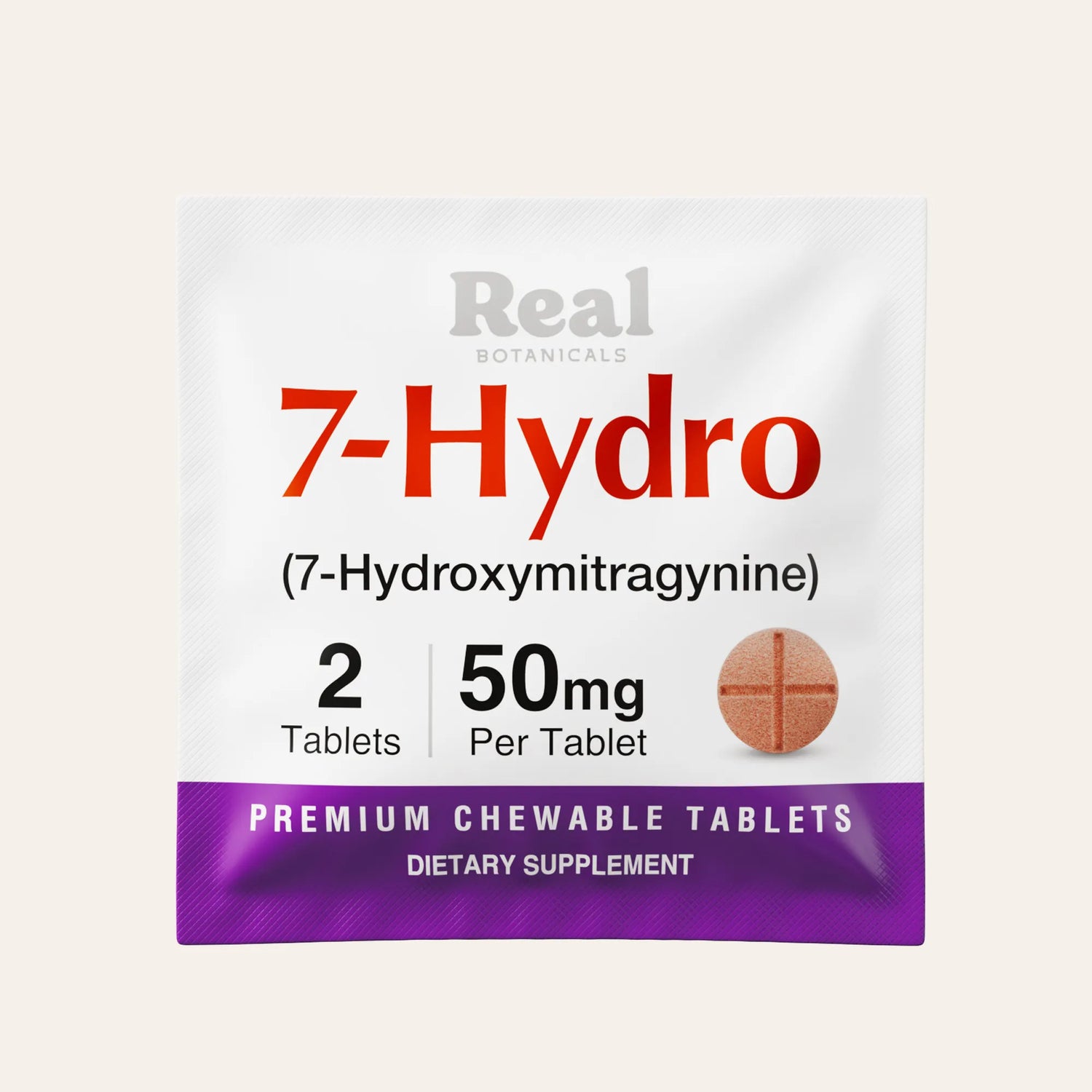 Supplement package labeled '7-Hydro' with branding and product details on a white background