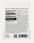 Back label of a supplement package with text and a barcode on a white background