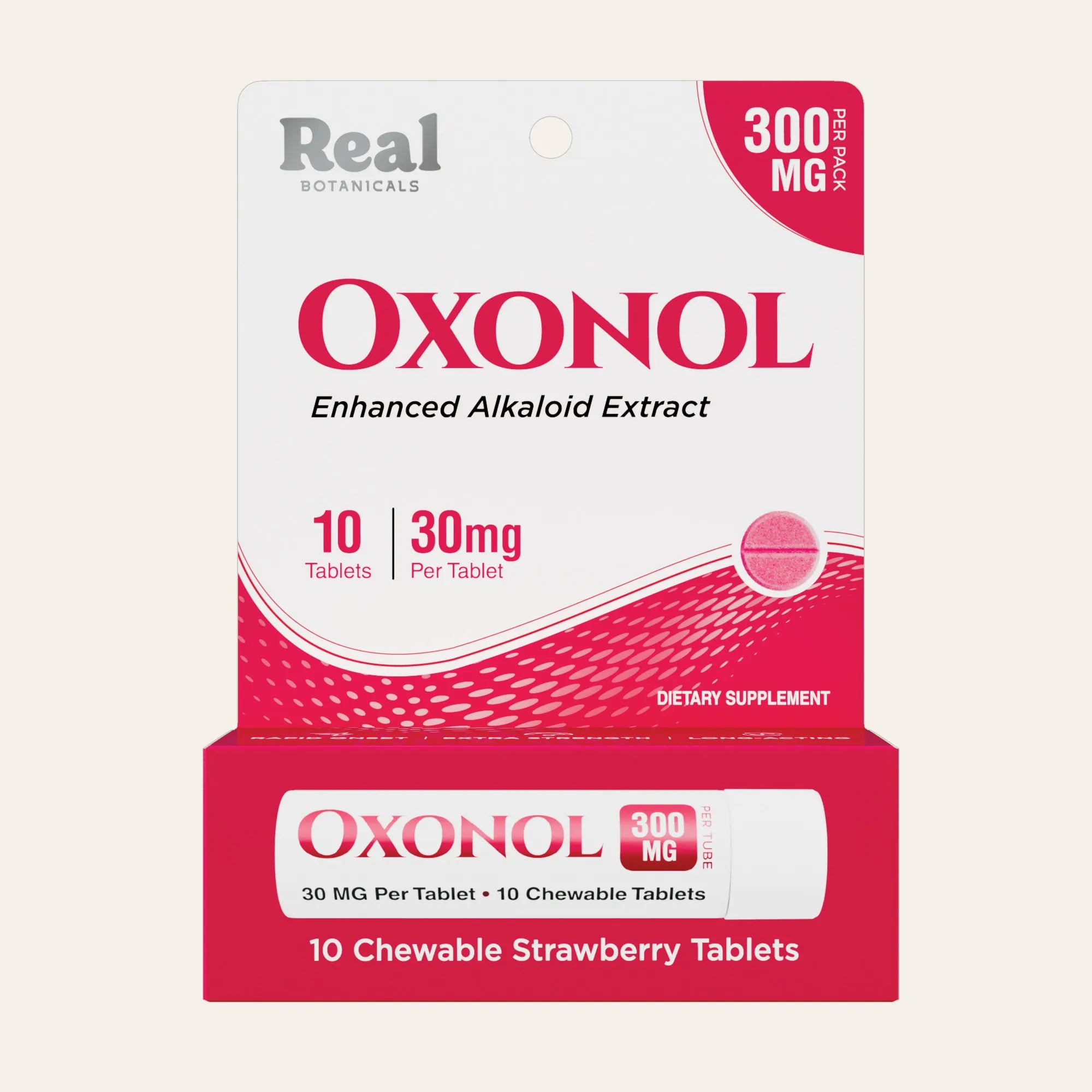 Oxonol dietary supplement packaging with red and white design