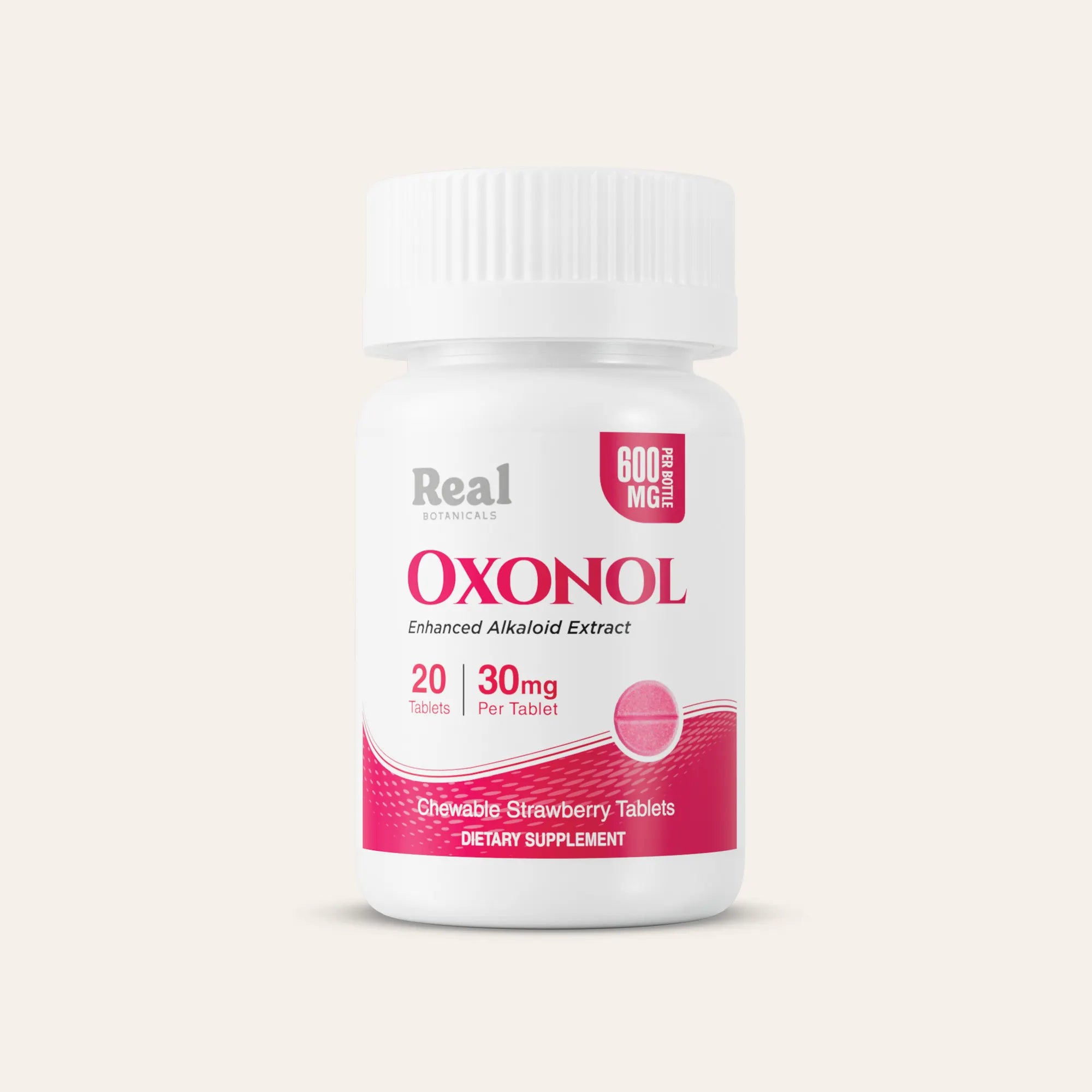 Bottle of Oxonol dietary supplement with white and pink label on a light beige background