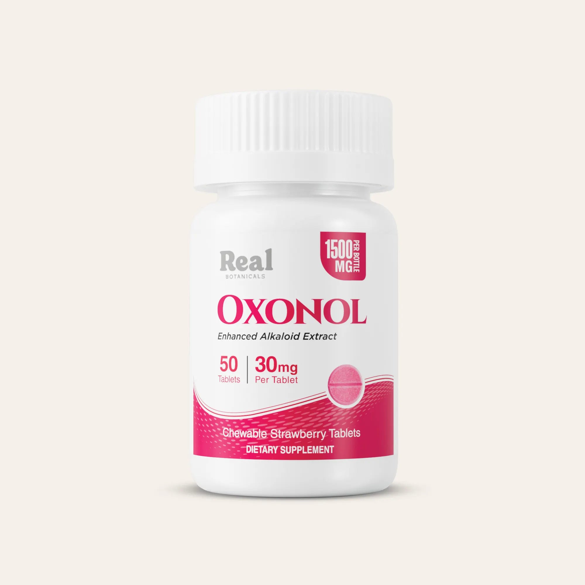 Oxonol dietary supplement bottle with pink and white design on a light gray background