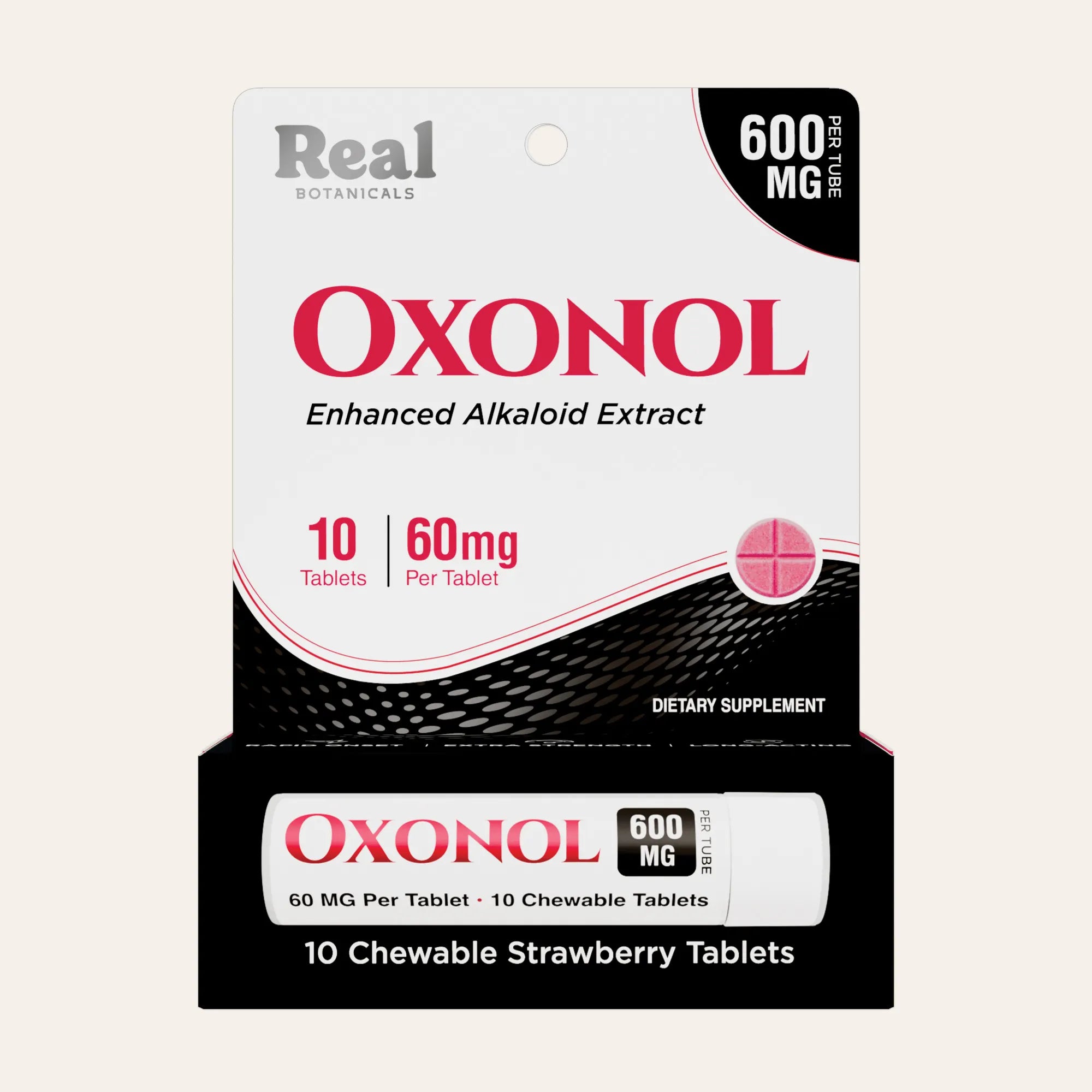 Oxonol dietary supplement package with red and black design on a beige background
