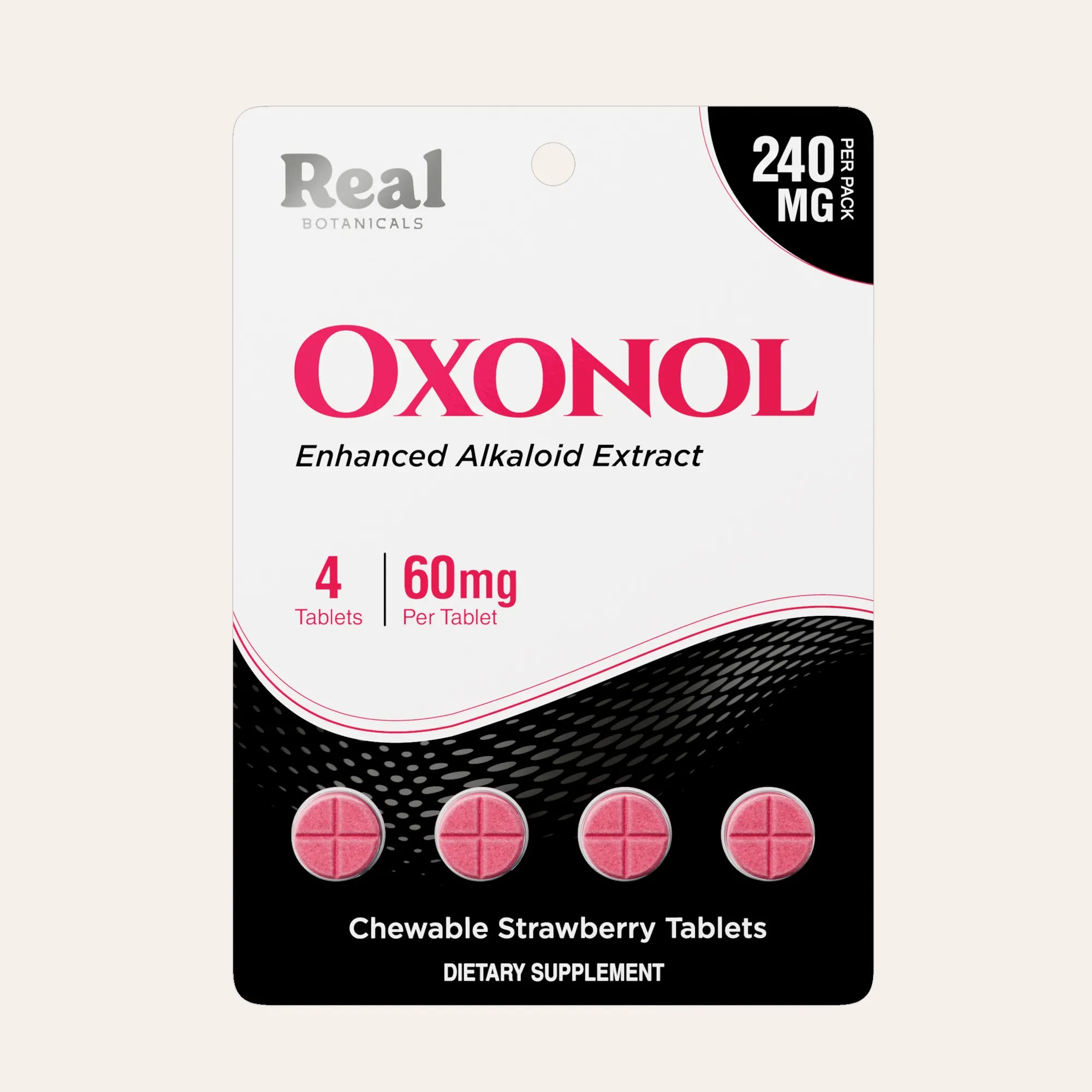 Oxonol dietary supplement package with pink tablets on a white background
