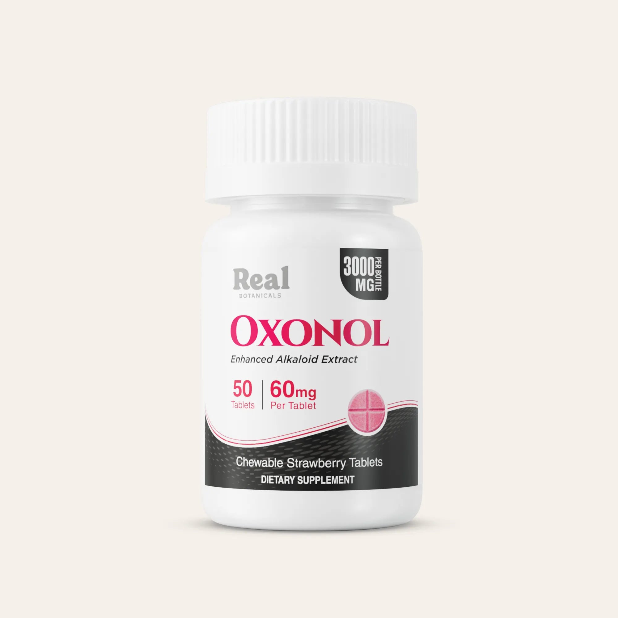 Supplement bottle labeled 'Oxonol' on a light beige background