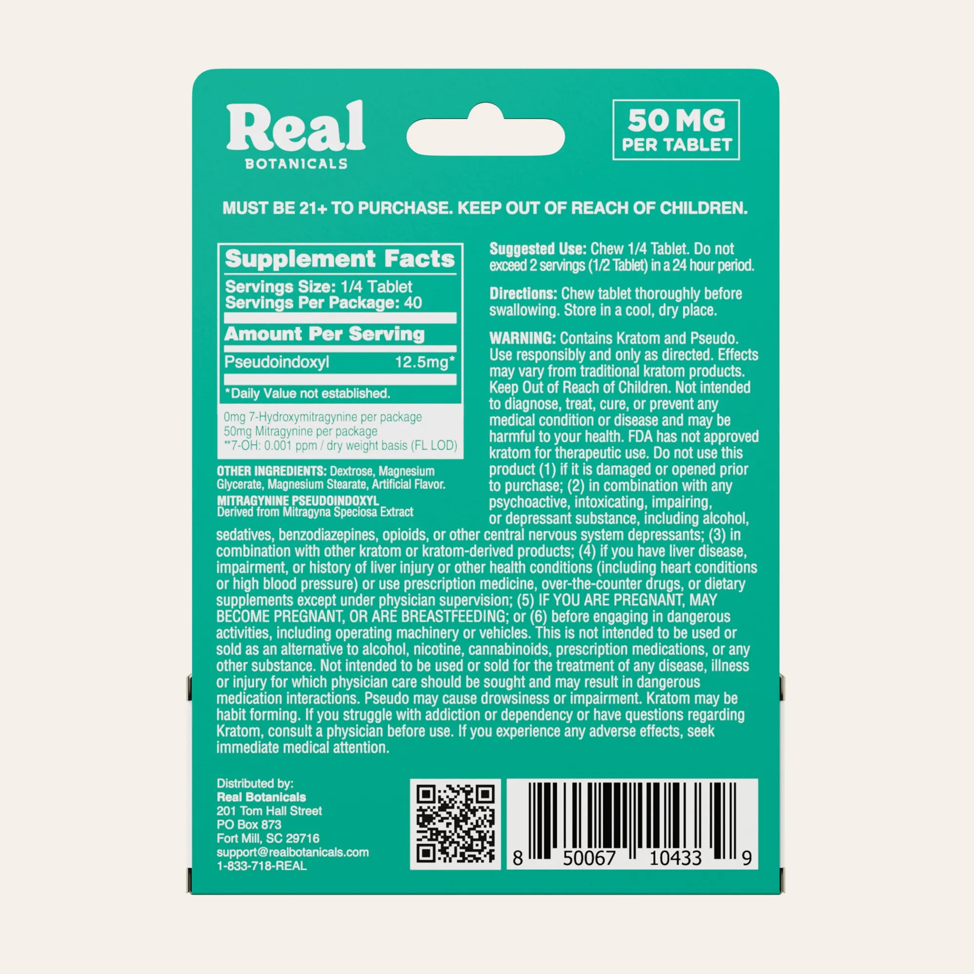 Supplement label for Real Botanicals product on a green background