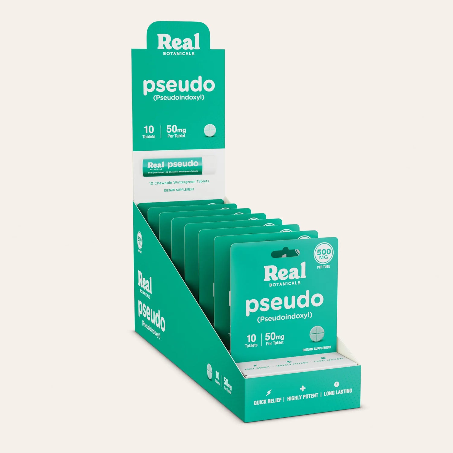 Display of 'Real Botanicals pseudo' packaging on a white background