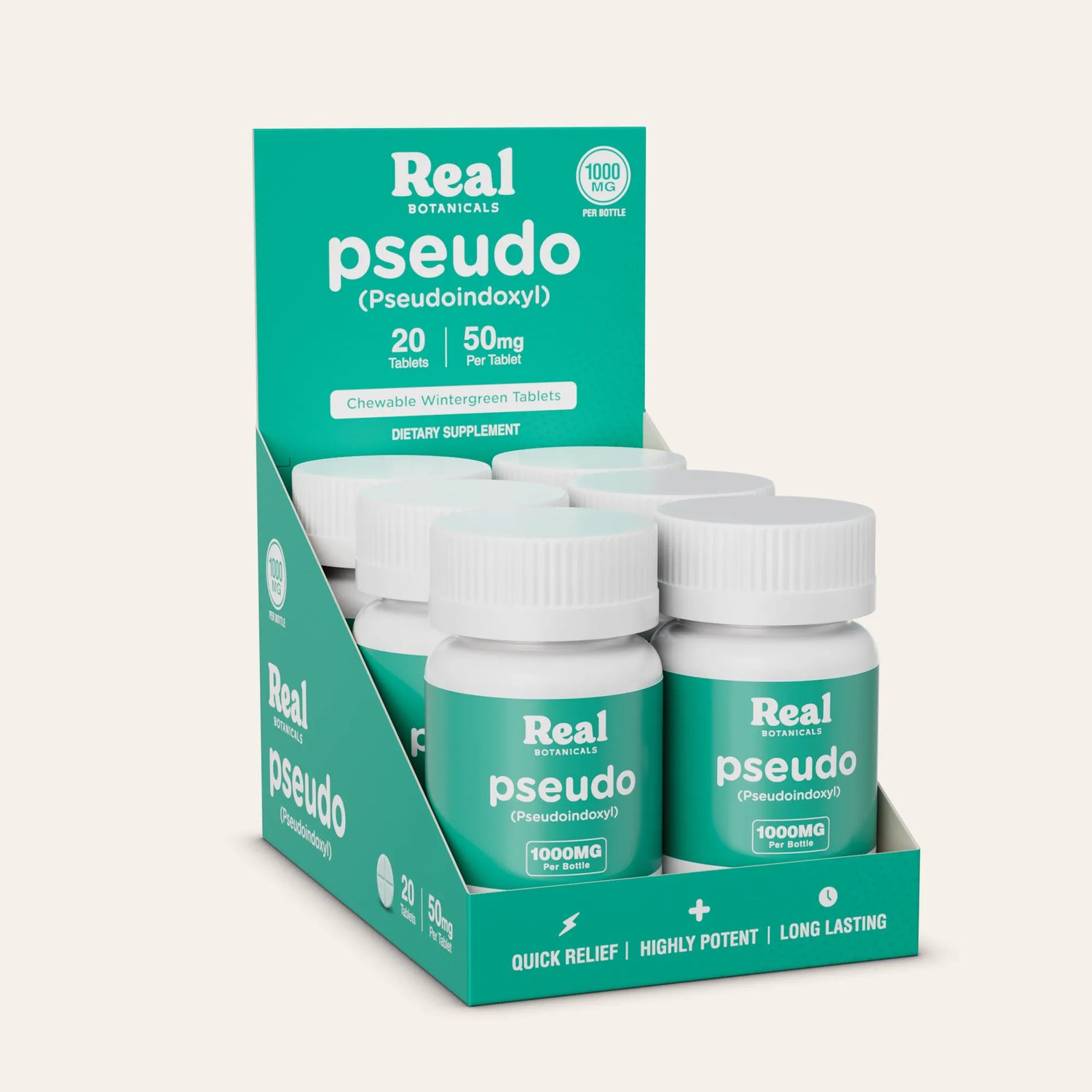Supplement packaging with 'Real Botanicals' branding on a white background