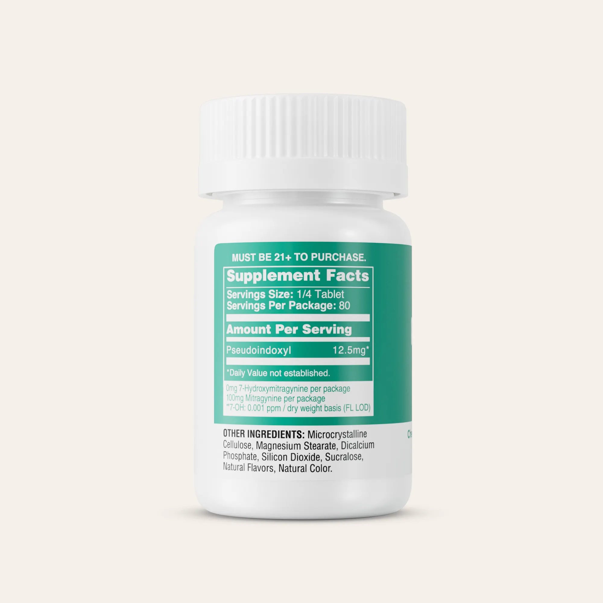 Supplement bottle with green label on a white background