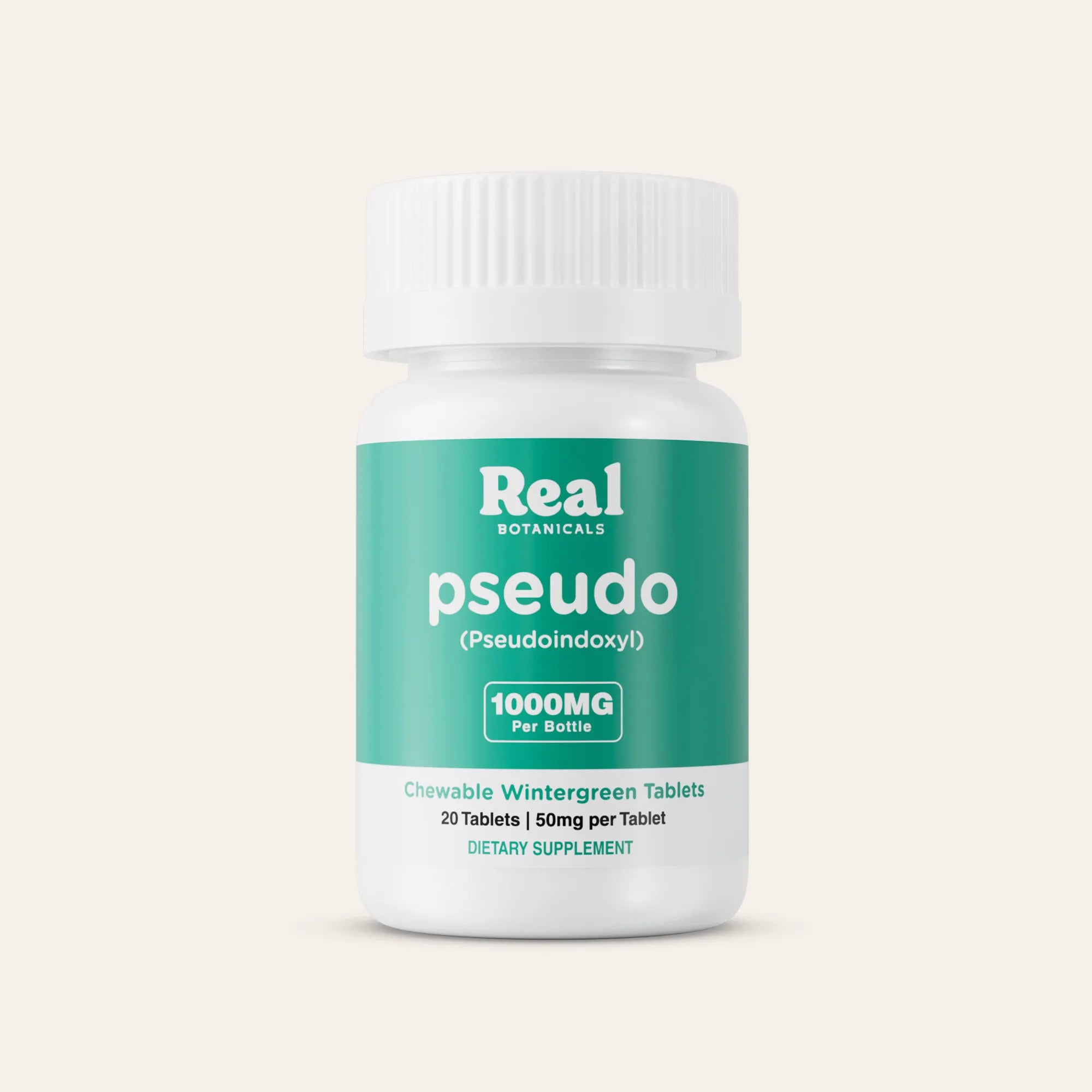 Supplement bottle labeled 'Real Botanicals pseudo' on a light beige background