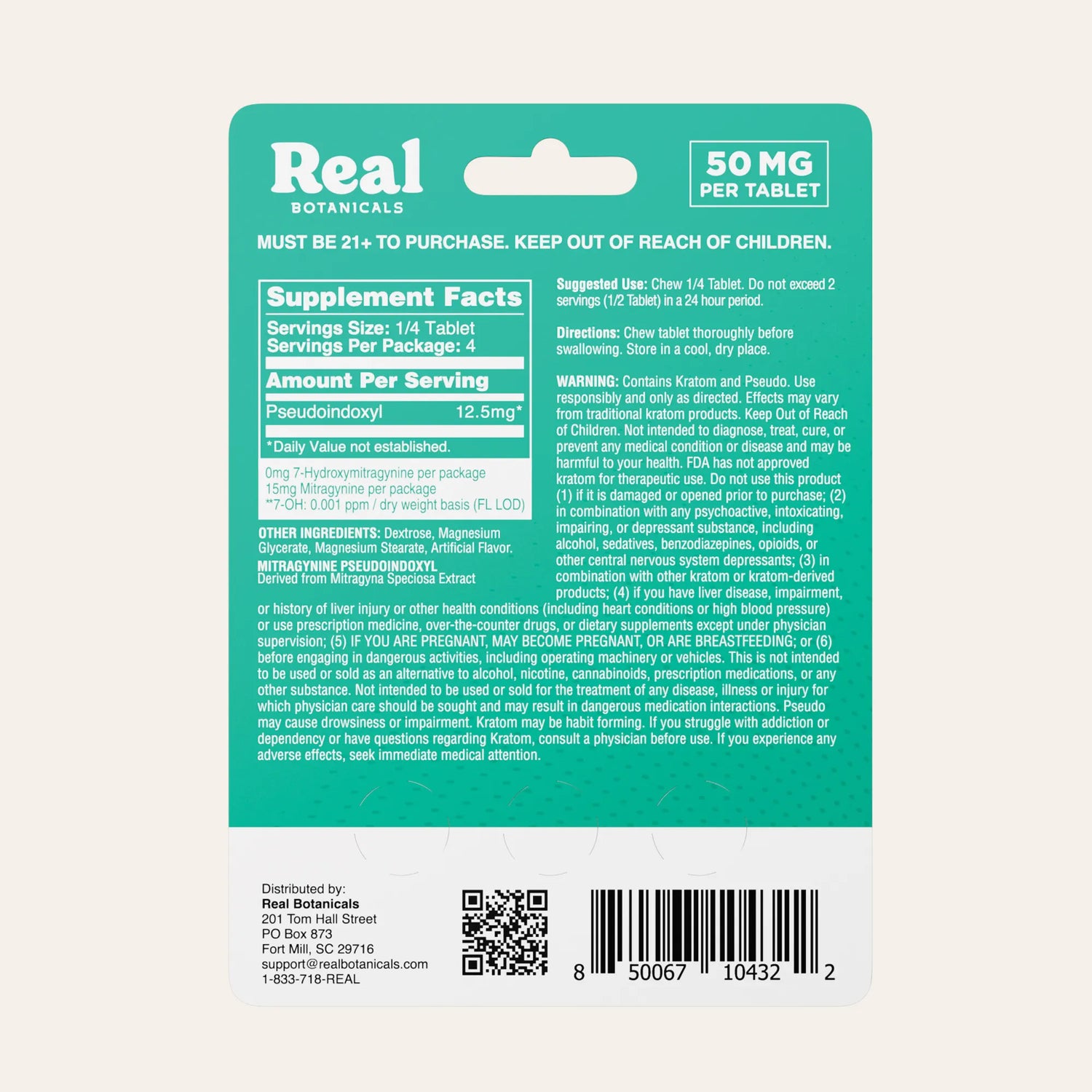 Teal label with supplement facts and branding for Real Botanicals on a white background