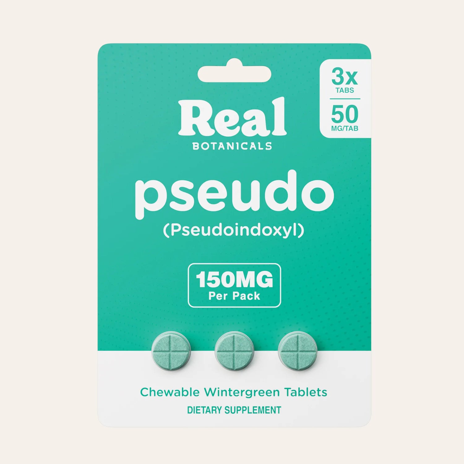 Packaging of Real Botanicals pseudo (Pseudoindoxyl) dietary supplement with green tablets.
