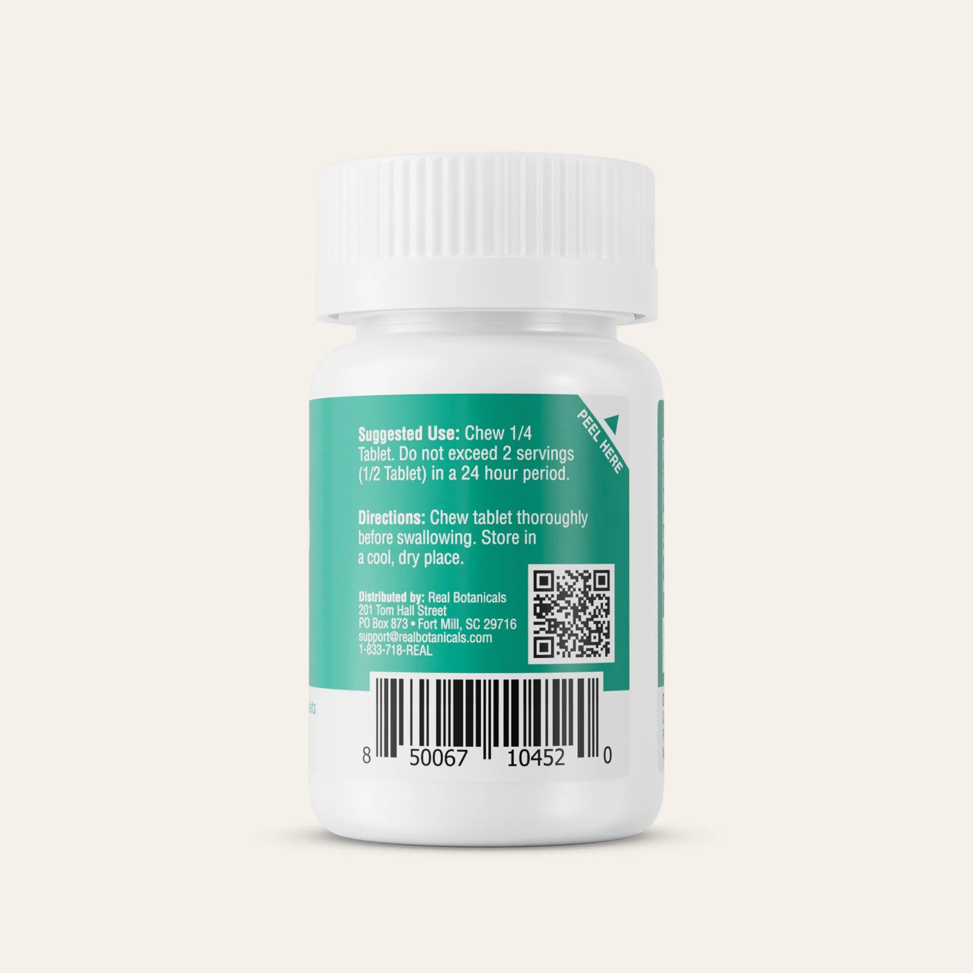 Bottle with a green label and white cap on a light gray background