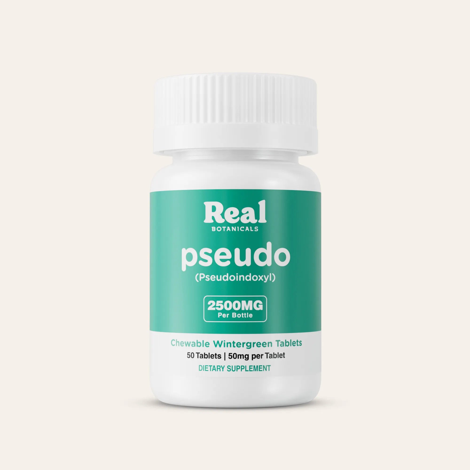 Supplement bottle labeled 'Real Botanicals pseudo' on a light beige background