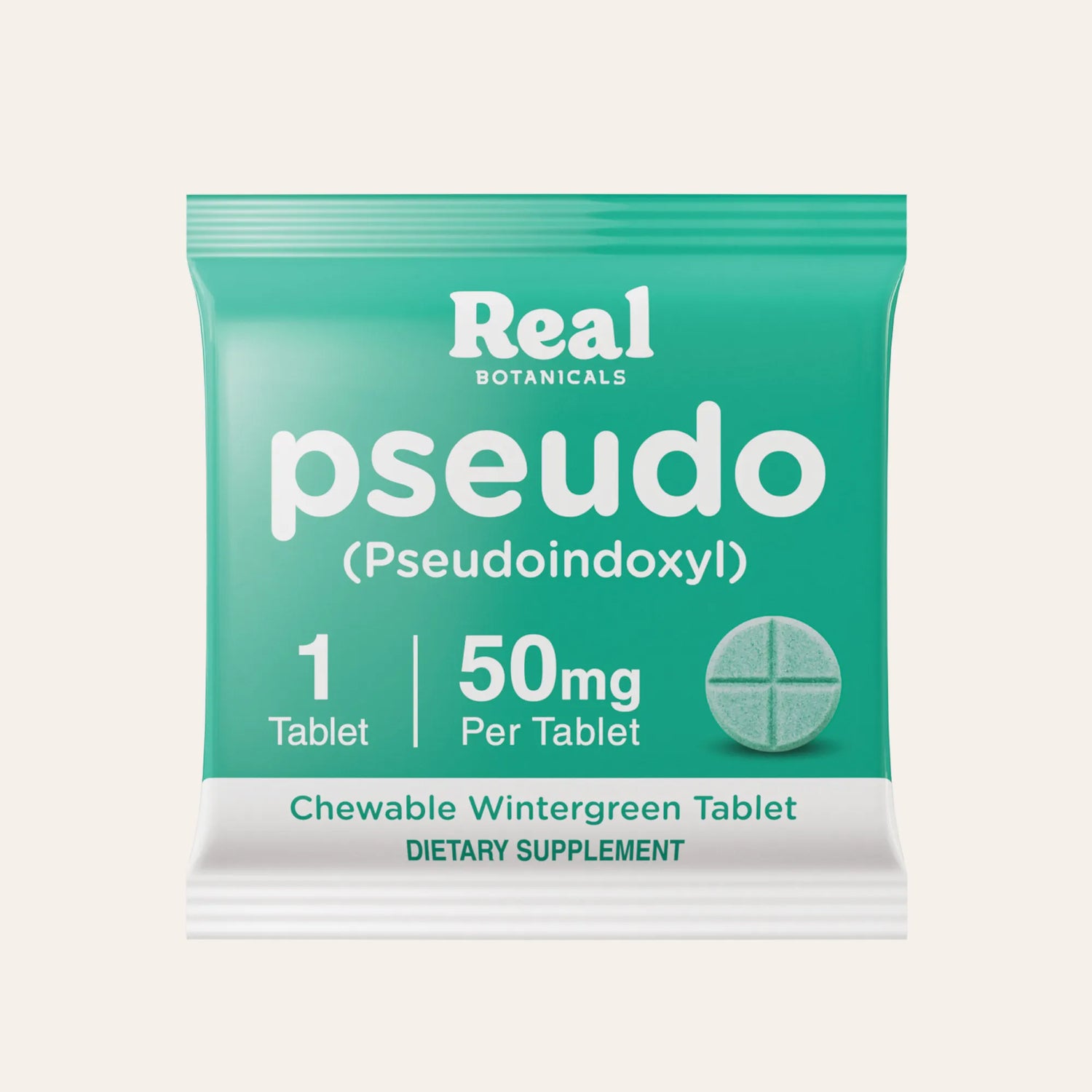 Green package of Real Botanicals pseudoindoxyl supplement on a white background