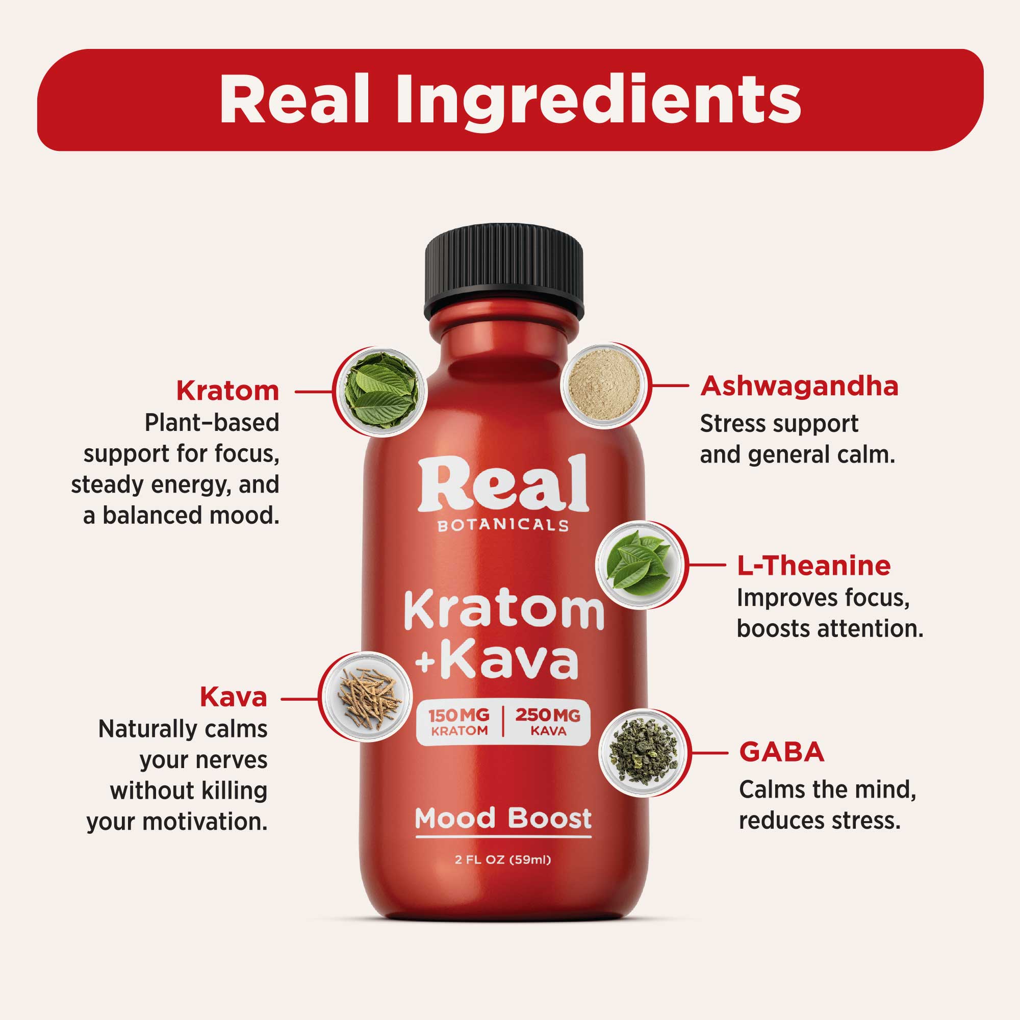 Red bottle of Real Botanicals Kratom + Kava with ingredient labels on a white background