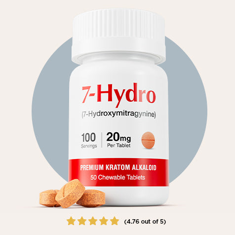Bottle of 7-Hydro kratom tablets with packaging details on a light gray background